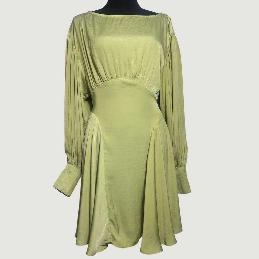 Free People Chartreuse Satin Mini Dress Small, Balloon Sleeve Open Back 40s